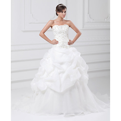 

Ball Gown Wedding Dresses Sweetheart Neckline Chapel Train Organza Satin Strapless with Pick Up Skirt Beading Embroidery 2021