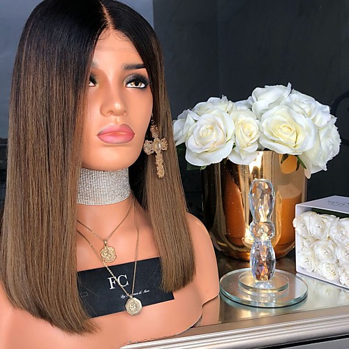 

Synthetic Wig Straight Asymmetrical Wig Medium Length Black / Brown Synthetic Hair 17 inch Women's Color Gradient Best Quality Middle Part Brown