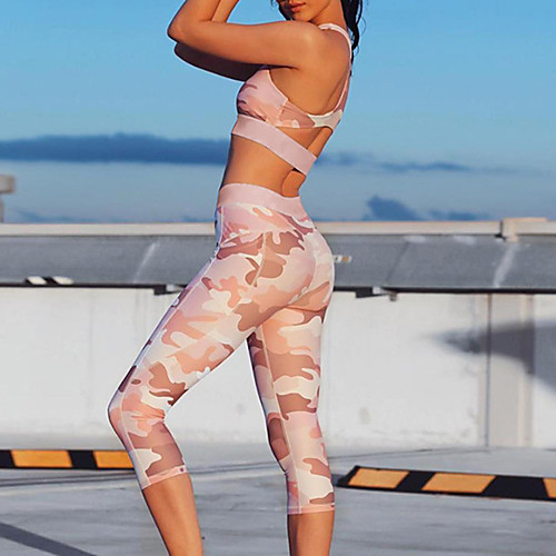 

Women's Tracksuit Yoga Suit Cut Out Camo / Camouflage Camouflage Yoga Fitness Gym Workout 3/4 Tights Bra Top Sleeveless Sport Activewear Breathable Moisture Wicking Butt Lift Tummy Control High