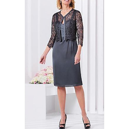 

Two Piece Mother of the Bride Dress Plus Size Sweetheart Neckline Knee Length Lace Charmeuse 3/4 Length Sleeve with Lace Appliques 2021