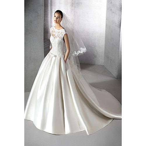 

A-Line Wedding Dresses Jewel Neck Chapel Train Lace Tulle Polyester Cap Sleeve Plus Size with Appliques 2021