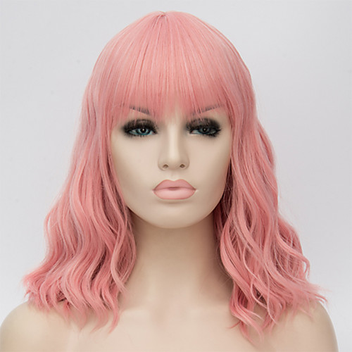

Synthetic Wig Curly Asymmetrical Wig Pink Medium Length Pink Synthetic Hair 17 inch Women's Best Quality Pink