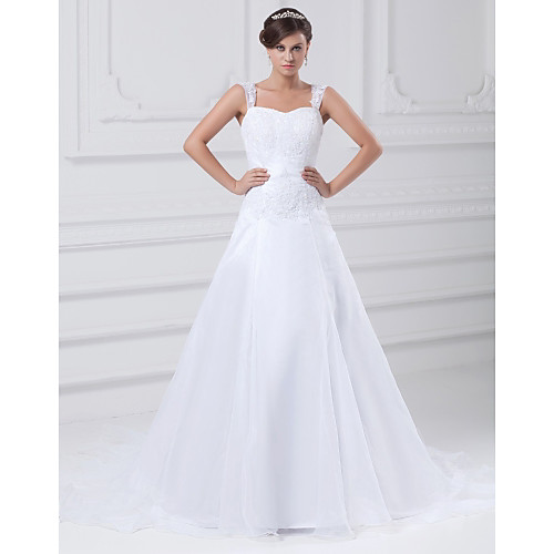 

A-Line Wedding Dresses Square Neck Chapel Train Lace Organza Satin Regular Straps with Beading Appliques 2021