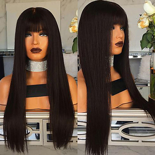 

Synthetic Wig Straight Neat Bang Wig Long Natural Black Synthetic Hair 27 inch Women's Best Quality Black