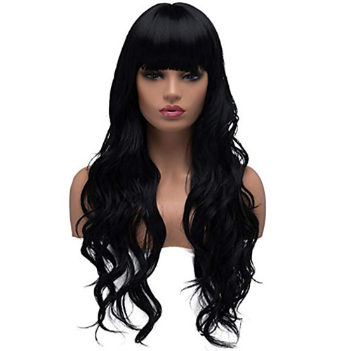 

Synthetic Wig Body Wave Asymmetrical Neat Bang Wig Long Natural Black Synthetic Hair 27 inch Women's Best Quality curling Black