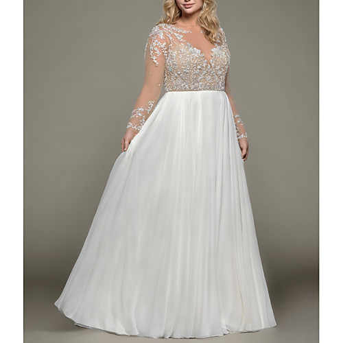 

A-Line Wedding Dresses Bateau Neck Floor Length Satin Tulle Long Sleeve Romantic Plus Size Illusion Sleeve with Beading Draping Embroidery 2021