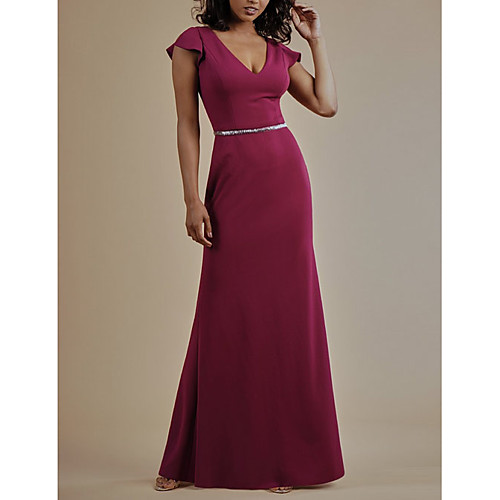 

Sheath / Column Plunging Neck Floor Length Satin Bridesmaid Dress with Bow(s) / Bandage