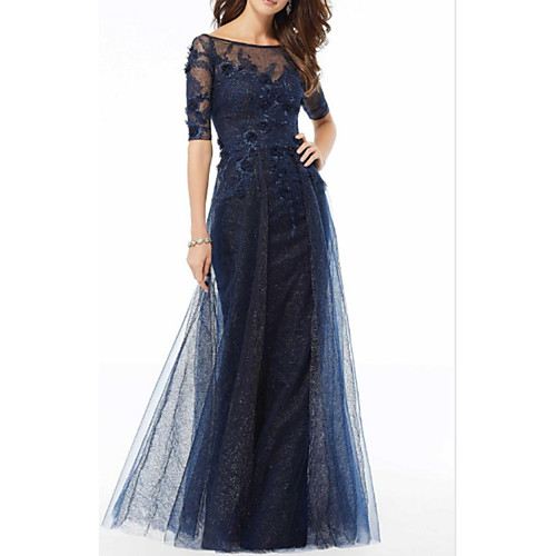 

A-Line Mother of the Bride Dress Elegant Bateau Neck Floor Length Lace Tulle Half Sleeve with Lace Appliques 2021