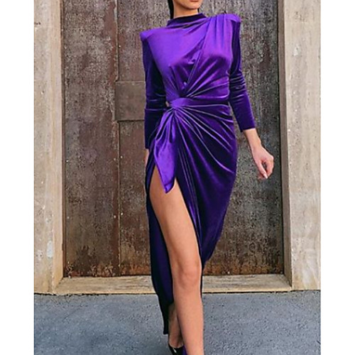 

Sheath / Column Elegant Engagement Formal Evening Dress High Neck Long Sleeve Asymmetrical Charmeuse with Ruched Split Front 2021