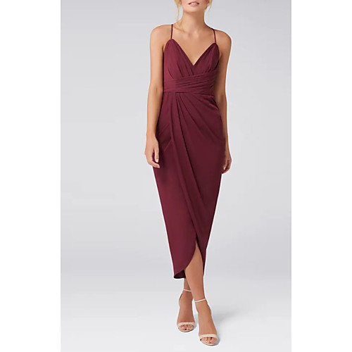 

Sheath / Column Elegant Party Wear Wedding Guest Cocktail Party Dress Spaghetti Strap Sleeveless Asymmetrical Jersey with Ruched Split 2021