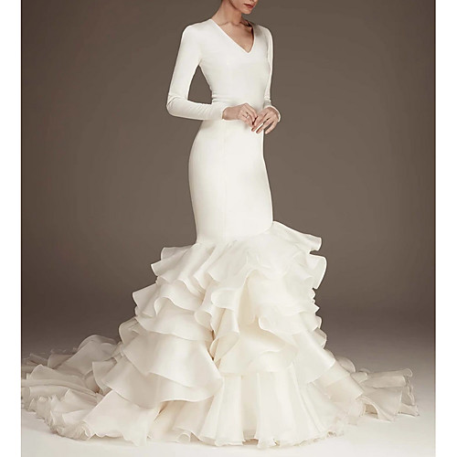 

Mermaid / Trumpet Wedding Dresses V Neck Sweep / Brush Train Satin Long Sleeve Plus Size Modern Elegant with Cascading Ruffles 2021
