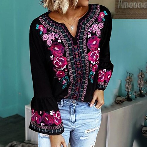 

Women's T shirt Floral Long Sleeve Daily Tops Black Purple Army Green
