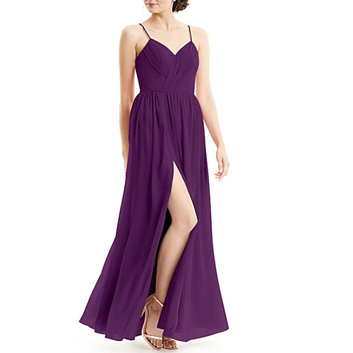 

A-Line Spaghetti Strap Floor Length Chiffon Bridesmaid Dress with Split Front / Ruching / Open Back