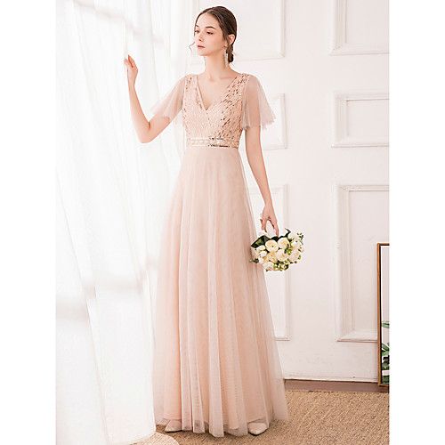 

A-Line V Neck Floor Length Tulle / Sequined Bridesmaid Dress with Sequin