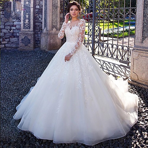 

Ball Gown Wedding Dresses Jewel Neck Court Train Lace Tulle Long Sleeve Plus Size Illusion Sleeve with Lace Appliques 2020