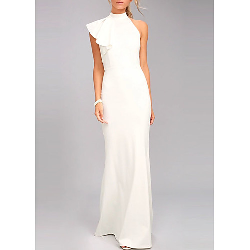 

Sheath / Column Elegant White Engagement Formal Evening Dress High Neck Sleeveless Floor Length Satin with Ruffles 2020