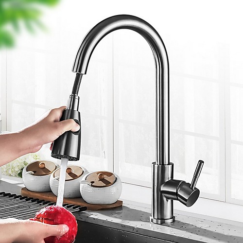 

Single Handle One Hole Kitchen Faucet Electroplated Pull-out / Tall / ­High Arc Centerset Contemporary Kitchen Taps Stainless Steel Adjuatable to Cold and Hot Water