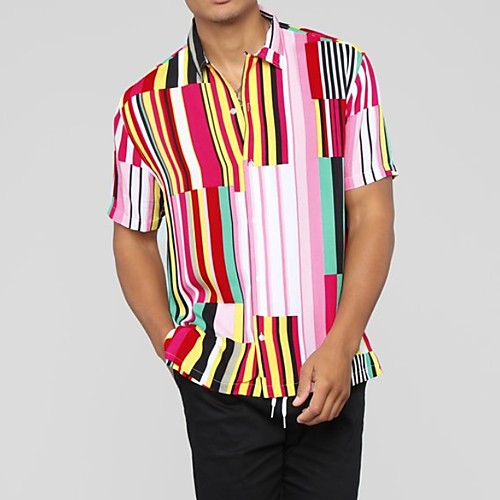 

Men's Shirt Color Block Short Sleeve Daily Tops Rainbow