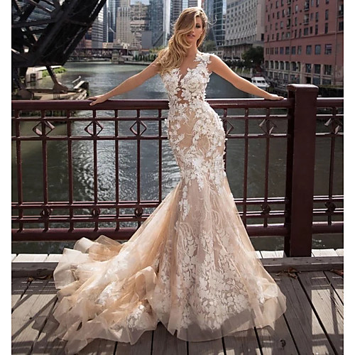 

Mermaid / Trumpet Wedding Dresses Jewel Neck Chapel Train Lace Tulle Regular Straps Illusion Detail Backless with Appliques 2020