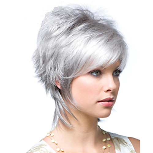 

Synthetic Wig kinky Straight Asymmetrical Wig Short Sliver White Synthetic Hair 10 inch Women's Fluffy Silver