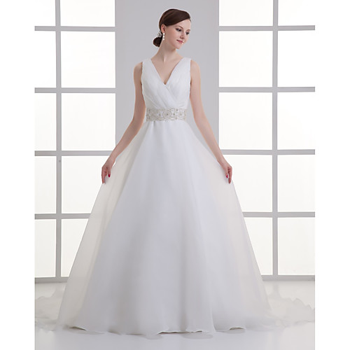 

A-Line Wedding Dresses V Neck Court Train Organza Satin Regular Straps with Buttons Ruched Embroidery 2021