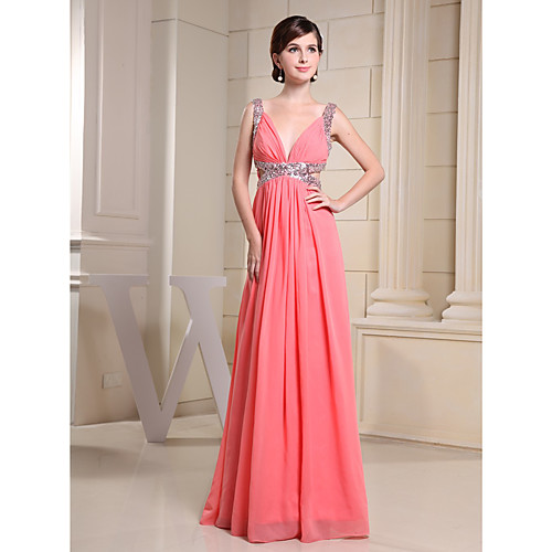 

A-Line Sparkle Engagement Formal Evening Dress V Neck Sleeveless Floor Length Chiffon Sequined with Pleats Sequin 2021