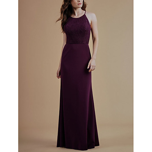 

Sheath / Column Halter Neck Floor Length Lace / Satin Bridesmaid Dress with Lace