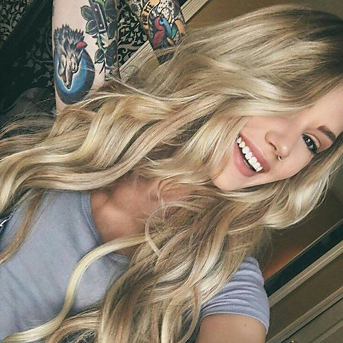 

Synthetic Wig Curly Body Wave Asymmetrical Wig Long Ombre Blonde Synthetic Hair 27 inch Women's Best Quality Middle Part Blonde