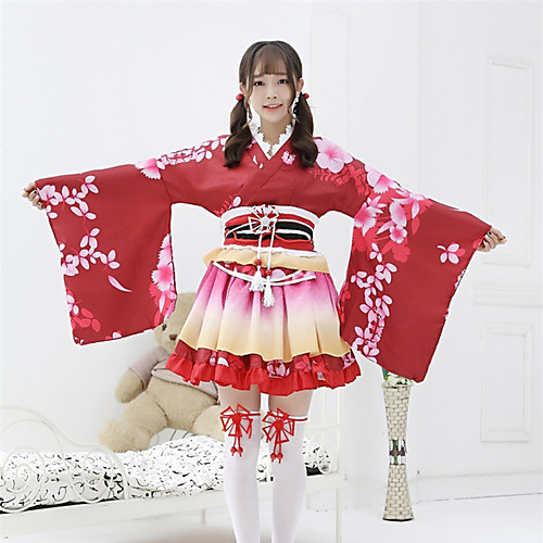 

Sweet Lolita Kimonos Vacation Dress Japanese Traditional Kimono Female Japanese Cosplay Costumes Purple / Yellow / Red Print Bowknot Long Sleeve