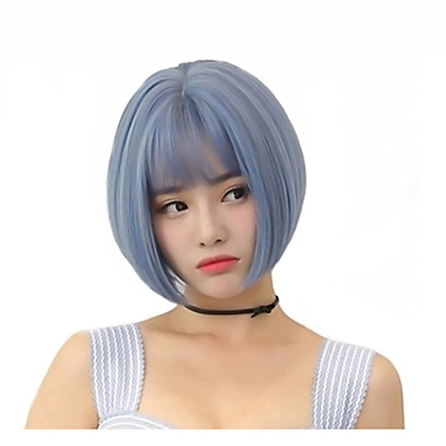 

Synthetic Wig Straight kinky Straight Asymmetrical Wig Long Light Blue Synthetic Hair 6 inch Women's Best Quality Blue Gray
