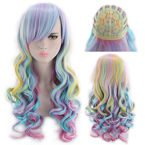 

Synthetic Wig Curly kinky Straight Asymmetrical Wig Long Rainbow Synthetic Hair 27 inch Women's Mixed Color