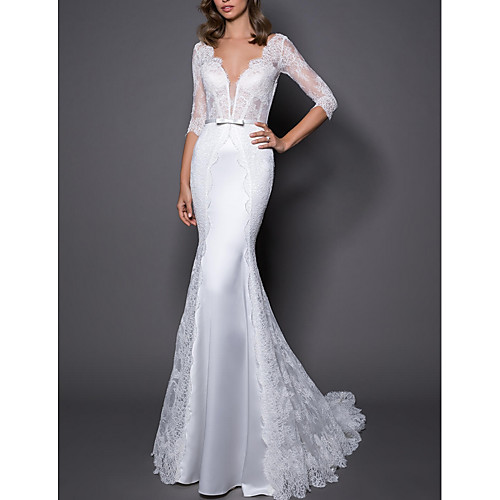 

Mermaid / Trumpet Wedding Dresses V Neck Sweep / Brush Train Lace Satin 3/4 Length Sleeve Plus Size with Bow(s) 2021