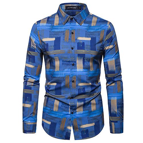 

Men's Geometric Shirt Basic Daily Classic Collar Light Brown / Blue / Khaki / Long Sleeve