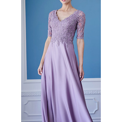 

A-Line Mother of the Bride Dress Elegant V Neck Floor Length Lace Charmeuse Half Sleeve with Lace Appliques 2021
