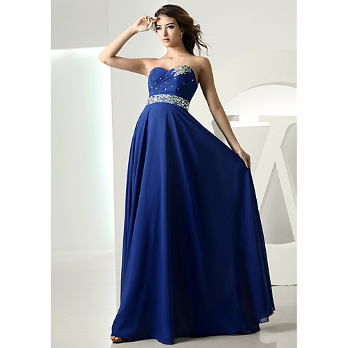 

A-Line Empire Wedding Guest Formal Evening Dress Sweetheart Neckline Sleeveless Floor Length Chiffon with Crystals 2021