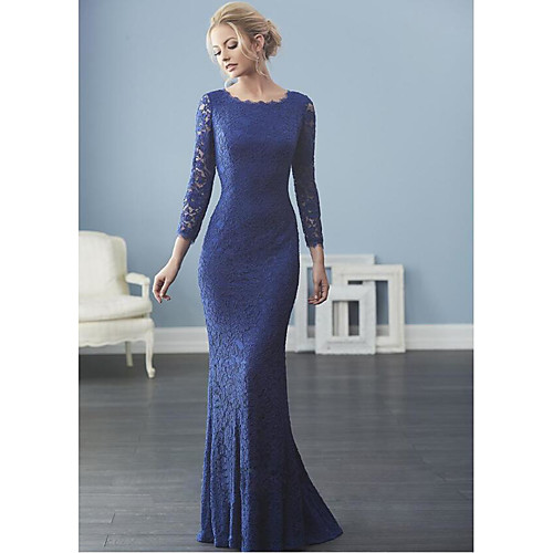 

Sheath / Column Elegant Engagement Formal Evening Dress Jewel Neck 3/4 Length Sleeve Sweep / Brush Train Lace Satin with Pleats 2021