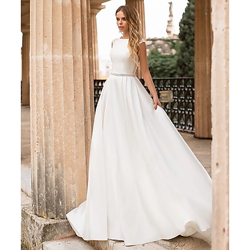 

A-Line Wedding Dresses Bateau Neck Court Train Lace Polyester Cap Sleeve Country Simple Backless Elegant with Appliques 2021