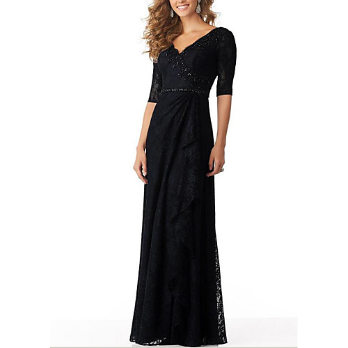 

A-Line Elegant Engagement Formal Evening Dress Plunging Neck Half Sleeve Floor Length Lace with Pleats Beading 2021