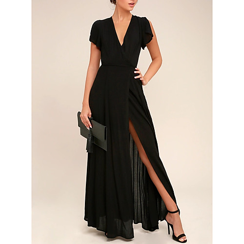 

A-Line Engagement Formal Evening Dress V Neck Short Sleeve Ankle Length Chiffon with Pleats Split 2021