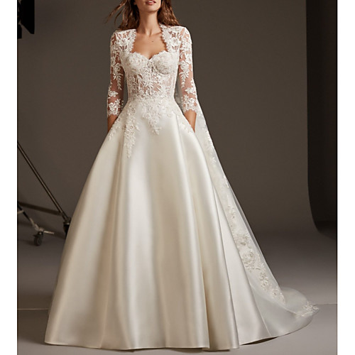 

Ball Gown Wedding Dresses Sweetheart Neckline Sweep / Brush Train Lace Satin 3/4 Length Sleeve Plus Size Illusion Sleeve with Embroidery 2021