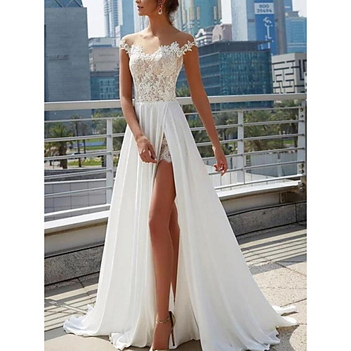 

A-Line Wedding Dresses Off Shoulder Sweep / Brush Train Lace Satin Cap Sleeve Formal Boho Plus Size with Split Front 2021