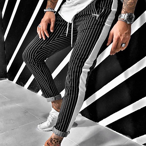 

Men's Basic Streetwear Slim Chinos Pants Striped Print Black Gray