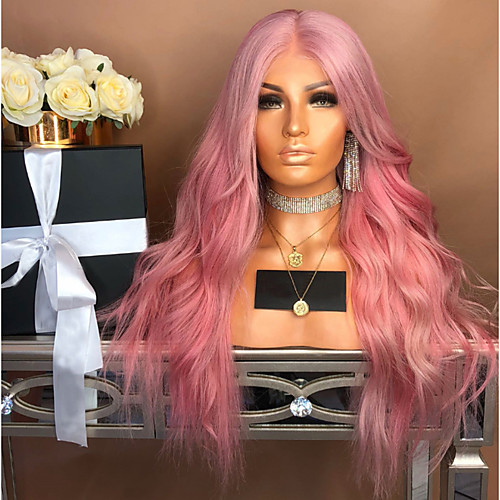 

Synthetic Wig Body Wave Asymmetrical Wig Pink Long Pink Synthetic Hair 27 inch Women's Middle Part Pink