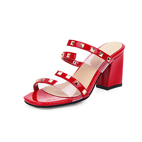 

Women's Sandals Rockstud shoes Chunky Heel Open Toe Rivet PU Minimalism Spring & Summer Almond / Red / White / Party & Evening / Color Block / Party & Evening