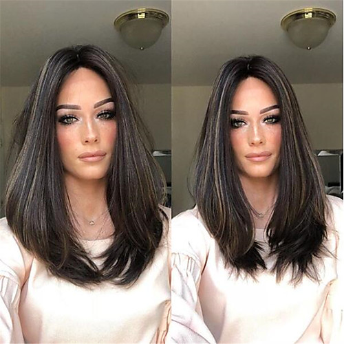 

Synthetic Wig kinky Straight Asymmetrical Wig Medium Length Natural Black Synthetic Hair 17 inch Women's Best Quality Black