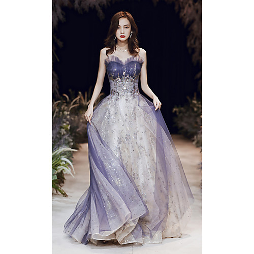 

A-Line Sparkle Elegant Wedding Guest Prom Formal Evening Dress Strapless Sleeveless Floor Length Satin Tulle Sequined with 2021