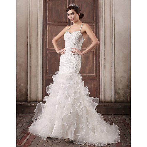 

Mermaid / Trumpet Wedding Dresses Sweetheart Neckline Court Train Lace Organza Satin Spaghetti Strap Sexy Illusion Detail Backless with Beading Appliques Cascading Ruffles 2021