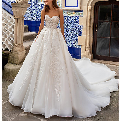 

A-Line Wedding Dresses Sweetheart Neckline Court Train Lace Tulle Strapless Formal Romantic Illusion Detail with 2021