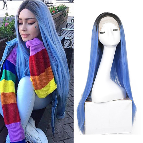 

Synthetic Lace Front Wig Silky Straight Middle Part Lace Front Wig Ombre Long Black / Blue Synthetic Hair 18-24 inch Women's Adjustable Heat Resistant Synthetic Blue Ombre