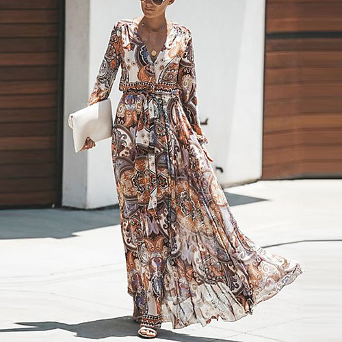 

Women's Maxi Sheath Dress - Long Sleeve Floral V Neck Slim Light Brown S M L XL